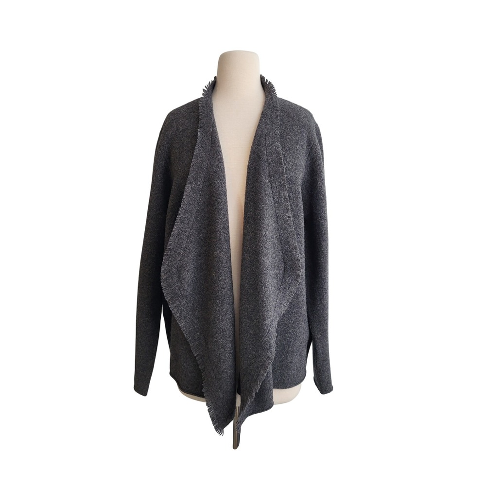 Eileen Fisher Cardigan Womens 1X Gray 100% Wool Open Front Fringe Minimalist